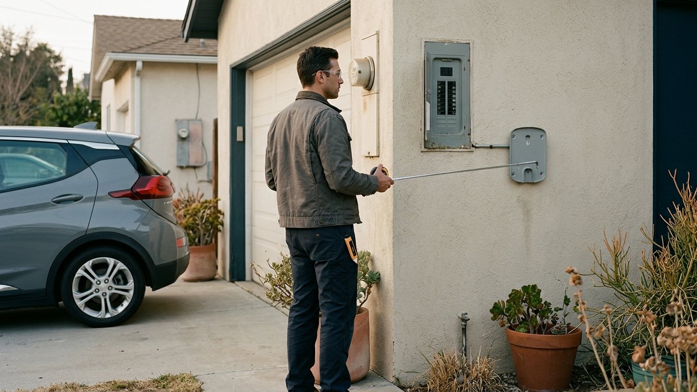 An electrician routing conduit for an EV charger at a Los Angeles home