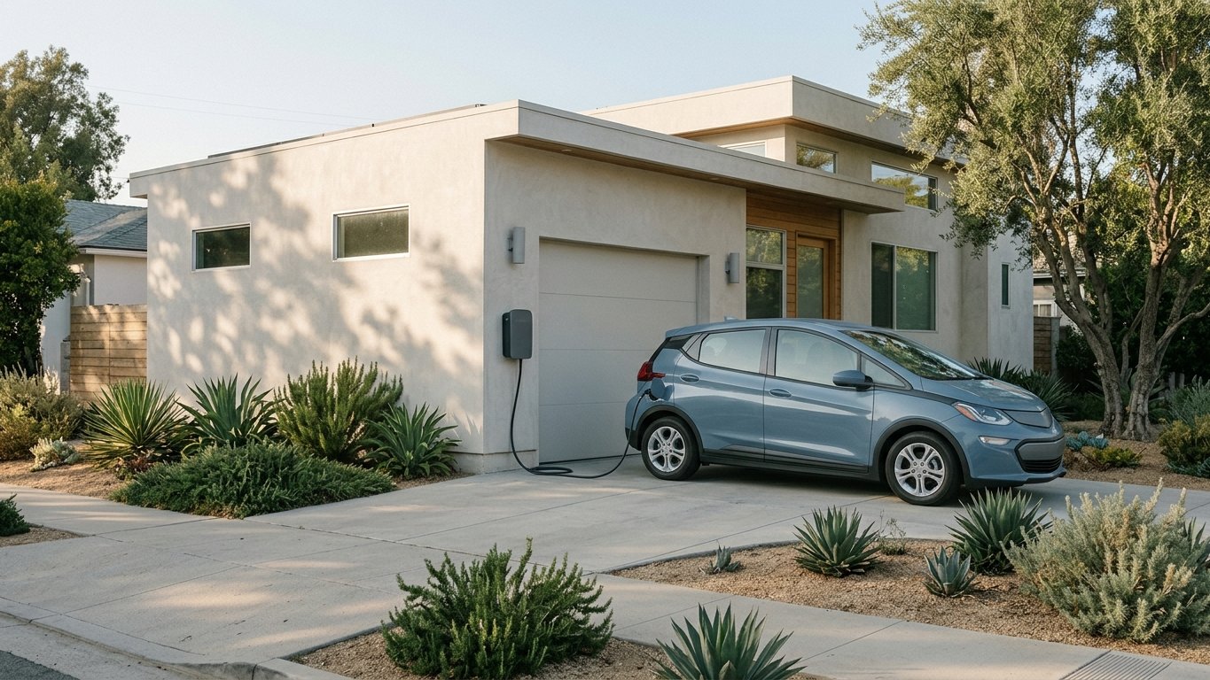 A contemporary Los Angeles home with an electric vehicle charging in the driveway